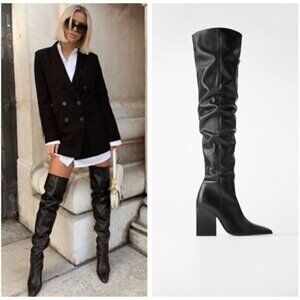 Zara Black Leather Over The Knee Heeled Boots Sz 40 Sz 9.5